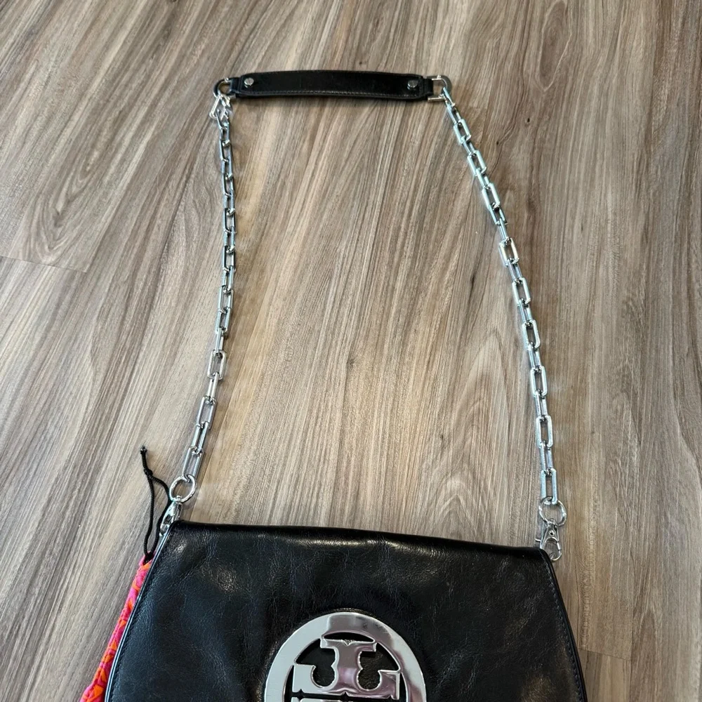 Tory Burch Black Leather Crossbody with Silver Logo and Chain